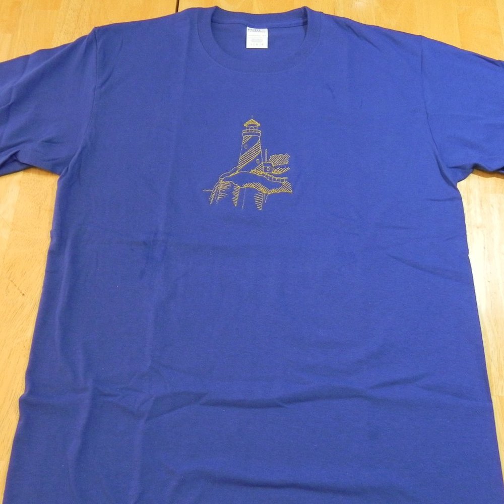 Port and Company T-shirt Royal Blue with Gold Embroidery Lighthouse Size L NWOT